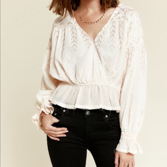 FREE PEOPLE Womens XS 100% Cotton V Neck Peplum Glitter Peasant Poet Blouse - Picture 2 of 12